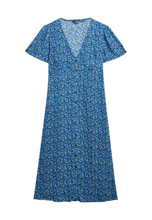 Vestido floral azul con mangas cortas, escote en V y cierre de botones en la parte delantera. Presenta un patrón sutil con pequeñas flores y un dobladillo acampanado.