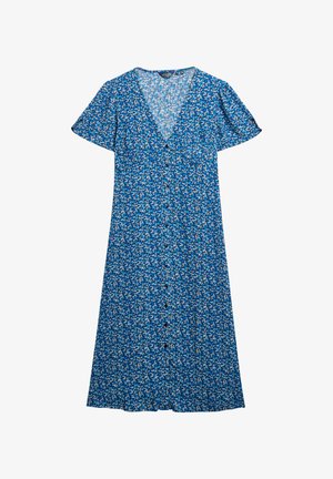 Vestido floral azul con mangas cortas, escote en V y cierre de botones en la parte delantera. Presenta un patrón sutil con pequeñas flores y un dobladillo acampanado.