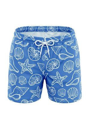 Short de bain bleu avec motifs blancs de coquillages et d'étoiles de mer et cordon blanc à la taille élastique.