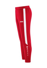 Rote Sporthose aus glattem Stoff. Mit weißen seitlichen Einsätzen und Knopf-Details am Saum. Logo auf der Vorderseite.