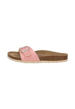 Mule en suede rose avec une accent en boucle carrée en argent, semelle en liège et semelle extérieure en caoutchouc léger, présentant un design plat et ouvert à l'avant.