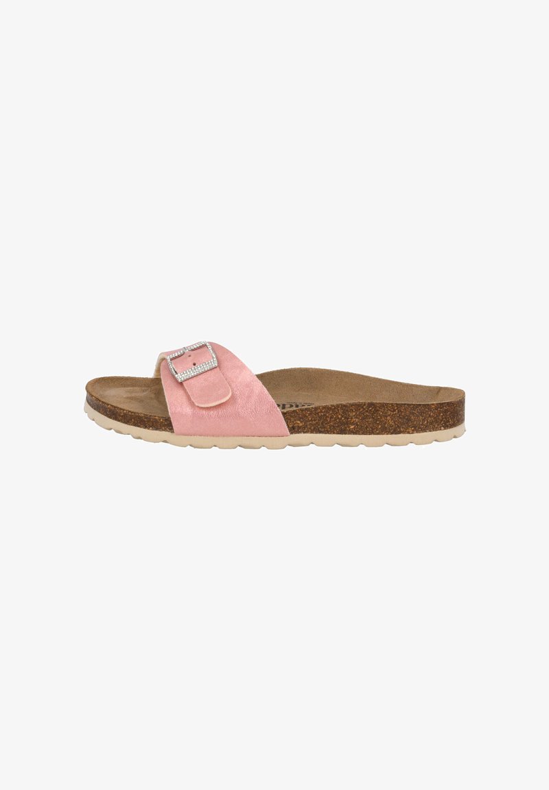 Rosa mockaskinnsanda med en fyrkantig silverfärgad spänne, korkfotbädd och lätt gummisul, med en platt, öppen tå-design.