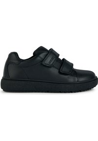 Sneakers in pelle nera con due cinghie regolabili in Velcro, suola in gomma nera texturizzata e punta arrotondata. Design minimalista con cuciture sottili.