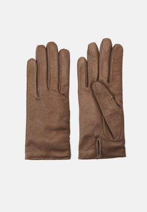 Brown leather gloves with a smooth texture, featuring five fingers, sewn seams, and an opening at the wrist for ease of wear.