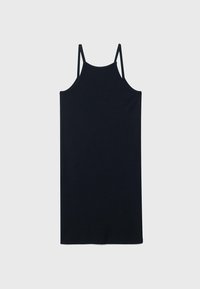 Robe noire sans manches en tissu doux, avec un design ajusté, un col rond et des bretelles spaghetti réglables.