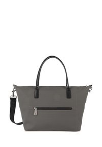 Sac fourre-tout en nylon gris avec des accents en cuir noir, deux poignées, une bandoulière amovible et une poche zippée à l'avant.