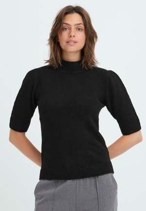 Maglione nero a maglia con maniche corte a sbuffo e colletto alto. Tessuto a coste sul collo e sui bordi delle maniche. Design semplice e aderente.