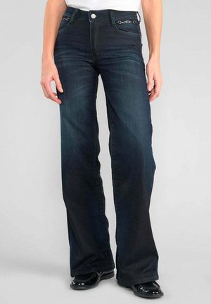 Dark blue denim flared jeans with a classic five-pocket design, featuring silver-tone hardware and a smooth texture.