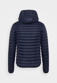 Navy blue puffer jacket with horizontal quilted design, a fitted shape, and an attached hood. Smooth, glossy texture with zipper closure.