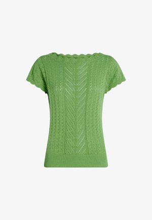 Maglione verde lavorato a maglia con scollatura a onde e maniche corte. Presenta un motivo a foglia testurizzato e un orlo a coste per un look aderente.