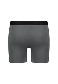 Boxers gris avec une ceinture élastique noire portant le nom de la marque. Texture lisse, coupe mi-haute et design ajusté.