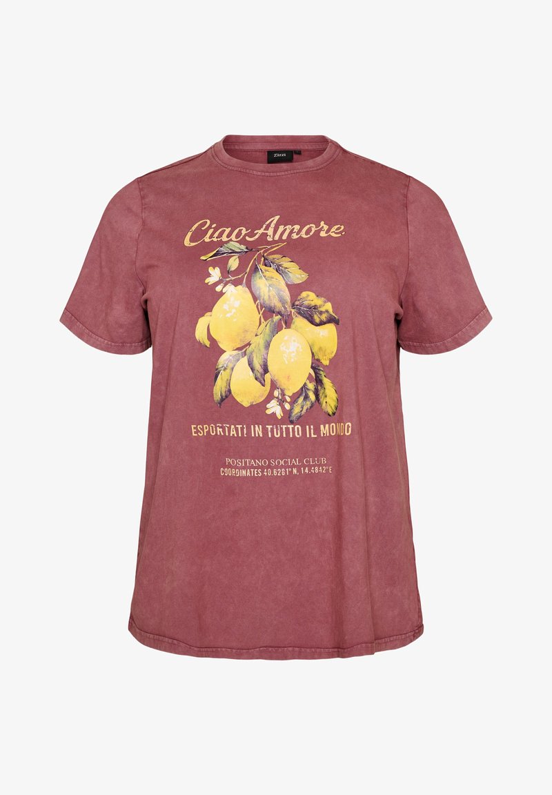 Ροζ σκούρο t-shirt με κίτρινα γραφικά κλαδιού λεμονιού και ιταλικό κείμενο "Ciao Amore" και "Esportati in tutto il mondo" στην μπροστινή πλευρά.