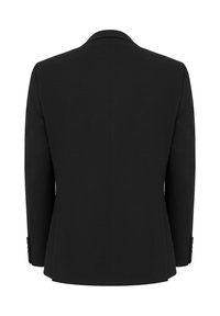 Czarna marynarka o dopasowanym kroju, z gładkiego materiału, z wyraźnymi ramionami, podciętymi klapami oraz dwoma guzikami przy mankietach. Czysty design z tyłu.