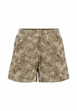 Short marron avec taille élastique présentant des motifs de broderie abstraits blancs en forme de spirale et de feuille.