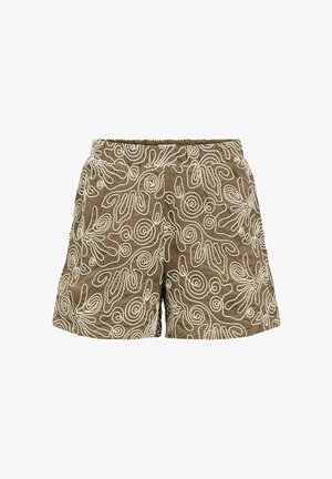 Braune Shorts mit elastischem Bund und weißen abstrakten Stickmustern aus Wirbeln und Blättern.