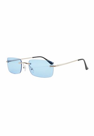 Occhiali da sole con lenti rettangolari blu, montatura in metallo argento e punte in acetato nero sulle astine. Presentano naselli regolabili.