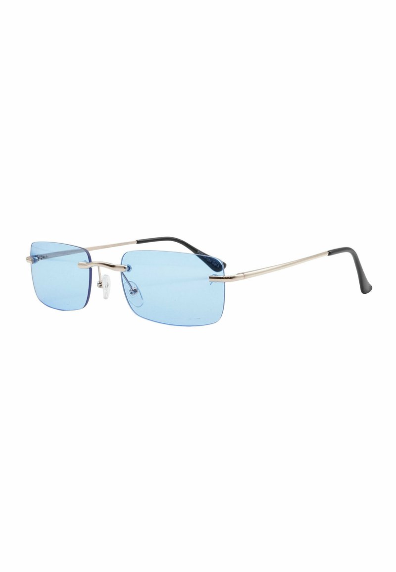 Occhiali da sole con lenti rettangolari blu, montatura in metallo argento e punte in acetato nero sulle astine. Presentano naselli regolabili.