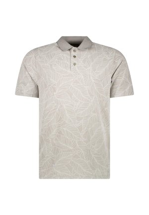Grijs poloshirt met korte mouwen, subtiel wit bladmotief en een kraag met drie knopen.
