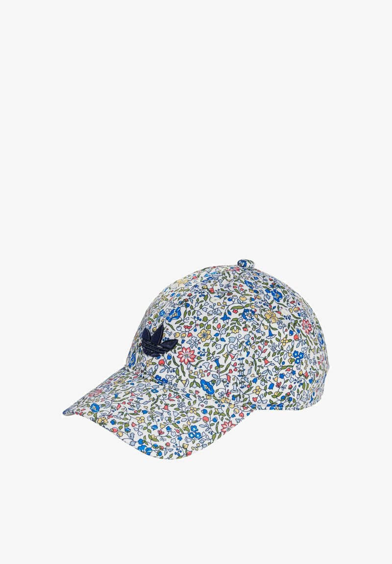Floral-patterned cap featuring a white base with blue, red, and green designs; black embroidered logo; curved visor and adjustable strap.