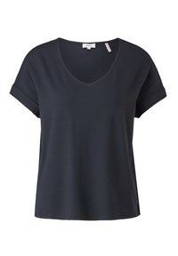 Marineblaues Kurzarm-V-Ausschnitt-T-Shirt mit umgeschlagenen Ärmeln und einem kleinen Marken-Tag nahe dem Saum.