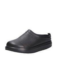 Scarpa slip-on in pelle nera con superficie testurizzata, punta tondeggiante e suola in gomma flessibile per comfort e facilità d'uso.