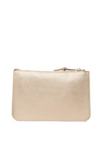 Portafoglio con zip color oro metallico, dalla texture liscia, forma rettangolare e un sottile motivo a incrocio. Presenta un tirazip color oro.