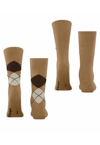 Calze marroni al ginocchio con un motivo argyle in marrone scuro, beige e bianco. Realizzate in un materiale liscio e elasticizzato. Presentano un branding sottile.