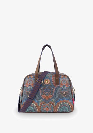 Rectangular handbag with brown handles and adjustable blue-and-orange striped shoulder strap, featuring intricate multicolored floral and geometric patterns.