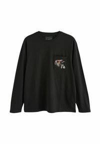 Schwarzes Langarm-T-Shirt aus Baumwolle mit einer Tasche, die mit buntem Stickereimotiv eines Drachen und asiatischem Text verziert ist. Klassischer runder Halsausschnitt.