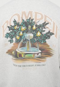 Tricou gri cu o ilustrație colorată a unei fântâni înconjurată de frunze verzi și pere galbene, având textul "Pompeii" în partea de sus.