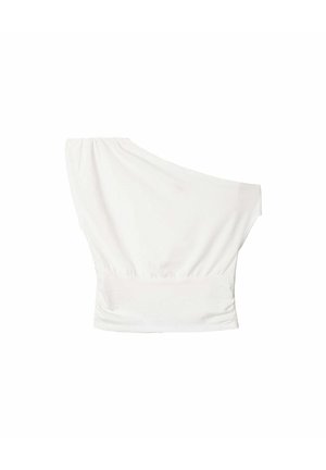 Haut blanc asymétrique avec un design à une épaule, taille froncée, matériau doux et texture lisse. Silhouette minimaliste et ajustée.