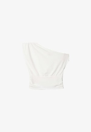Top blanco asimétrico con diseño de un solo hombro, cintura fruncida, material suave y textura lisa. Silueta minimalista y ajustada.