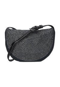 Zwarte handtas met een gestructureerd ontwerp, voorzien van zilverkleurige studs, een gebogen vorm en een dunne verstelbare schouderband. Zijdelingse stikdetails zichtbaar.