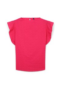 Blusa rosa acceso a maniche corte con motivo a occhio di pernice, scollatura rotonda e piccola chiusura a bottone a occhiello sul retro.