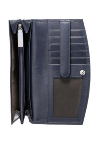 Cartera de cuero azul marino con múltiples ranuras para tarjetas, un compartimento con cremallera y una ventana de identificación de malla, con cierre de botón y superficie texturizada.