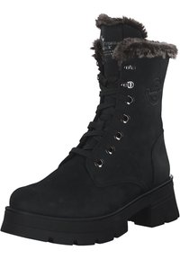 Czarne, sznurowane botki za kostkę z futrzanym wykończeniem, gumową podeszwą i metalowymi oczkami. Gładki materiał przypominający skórę z designem na grubej podeszwie.