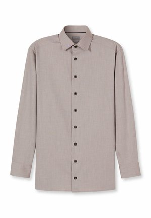 Hellbraunes Hemd mit Knopfleiste und langen Ärmeln. Verfügt über einen klassischen Kragen und dunkle Knöpfe. Weiche Textur mit einem dezenten Muster überall.