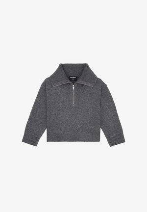 Gray knitted sweater with a zippered collar, ribbed hem and cuffs, and a textured finish. Minimalist design with clean lines.