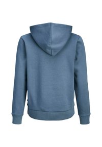 Švarkas su kapišonu šviesiai mėlynos spalvos, pagamintas iš medvilnės ir elastano mišinio, su raiščiais rankogaliais ir juosmeniu, lygiomis tekstūromis ir laisvu kirpimu.