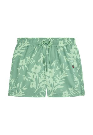 Jasnozielone kąpielówki w kwiatowy wzór, z elastycznym pasem, regulowanym sznurkiem i małym logo z boku.