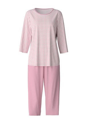 Pink gingham patterned top with three-quarter sleeves, paired with solid pink, mid-calf pants. Soft fabric with a relaxed fit.