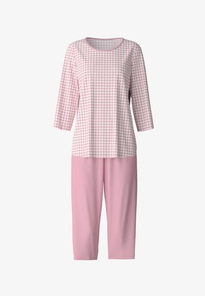 Oberteil aus pinkem Gingham-Muster mit Dreiviertelärmeln, kombiniert mit einfarbigen pinken, knöchellangen Hosen. Weicher Stoff mit lockerer Passform.