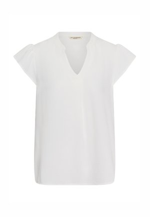 Blusa bianca a maniche corte con scollo a V e lievi arricciature sulle spalle, mostrata su uno sfondo bianco semplice.