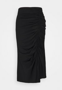 Svart midi kjol av mjukt tyg, med rynkig design fram och en sidoficka, med en slätt textur och tät midja.