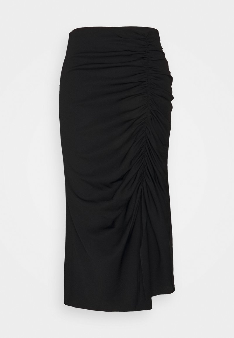 Black midi skirt made of soft fabric, featuring a ruched design along the front and a side slit, with a smooth texture and fitted waist.