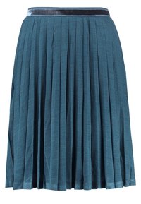 Gonna midi plissettata in un profondo colore teal. Realizzata in un tessuto testurizzato con una vita in satin, presenta pieghe verticali per un movimento aggiunto.