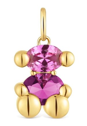 Ciondolo a forma di orsetto in oro con pietre preziose viola, con gemme ovali sfaccettate e a forma di cuore e arti rotondi in oro.