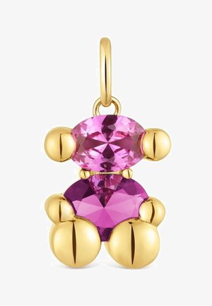 Gold and purple gemstone teddy bear pendant with faceted oval and heart-shaped stones and rounded gold limbs.