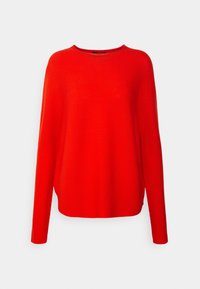 Roter Strickpullover mit langen Ärmeln, rundem Halsausschnitt und lässiger Passform. Glatte Textur in einfarbig, ohne Muster oder Verzierungen.