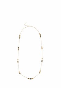 Gold chain necklace with mixed-shaped beads in grey, brown, and cream. Features oval and teardrop stones, alternating with gold accents.